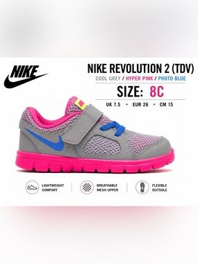 Nike Revolution 2 TDV Cool Grey Hyper Pink Blue Toddler Shoes 8C NWOB